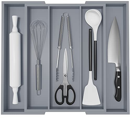 Large Kitchen Utensil Drawer Organizer - Expandable 5 Slots Cooking Utensil Organizer Multipurpose Silverware Organizer for Storage Repair Tools, Painting Tools W13.7-19.9 x L17.6 X H2.5 (Grey)