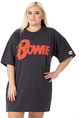 BOWIE David Womens T-Shirt Dress | Charcoal Grey with Classic Band Logo Oversized Graphic Tee for Ladies | Rebel Rebel Song Album Outfit | Pop Rock Concert Gig Top | Festival Merchandise Gift