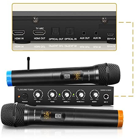 Sound Town Wireless Microphone Karaoke Mixer System with HDMI ARC, Optical (Toslink), AUX, Supports Smart TV, Media Box, PC, Bluetooth, Soundbar, Receiver (SWM16-MAX)