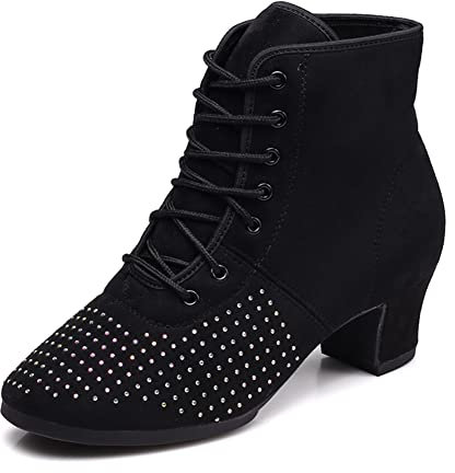 HROYL Stivali da Ballo Latino Americano Donna Punta Chiusa Tacco Basso Scarpe da Ballo Salsa e Bachata GBNJB-Z-Nero-5-S,EU 38
