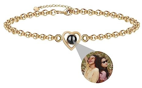Personalised Customized Photo Bracelet Heart Projection Bracelet with Picture Inside Stone I Love You Bracelet 100 Languages for Women Mother Christmas Memorial Gift Silver Rose Gold
