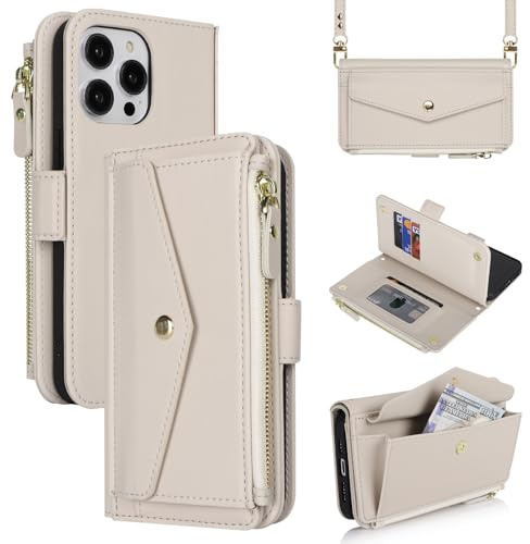 Cavor Crossbody iPhone 13 Pro Max Case With Strap,Flip Leather Wallet Case,[9 Card Holder][Detachable Lanyard][Zip Pocket],Protective Phone Case Cover for iPhone 13 Pro Max - White