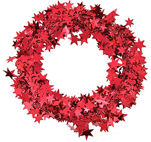 MOUMOUTEN Star Garland, 7.5m Wired Tinsel Garland with Metallic Small Mini Stars for Christmas Trees, Parties & Home Decoration (Red)