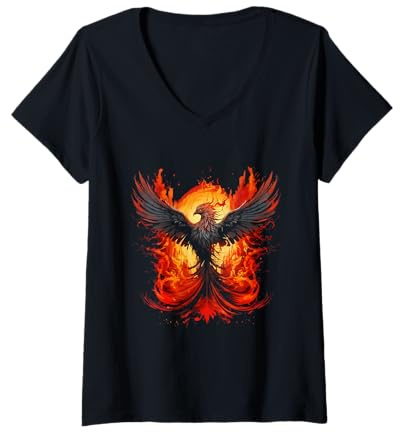 Damen Phoenix Reborn Neuanfang Symbolische Flammen unter der Sonne T-Shirt mit V-Ausschnitt