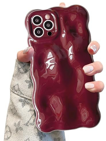 UEEBAI Case for iPhone 14 Pro 6.1 inch, Christmas Burgundy Cute Curly Wave Shape Shockproof Soft TPU Bumper Phone Case, Candy Water Ripple 3D Silicone Slim Pretty Case Non-yellowing Cover-Wine Red