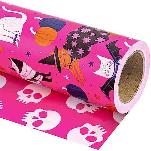 RUSPEPA Halloween Wende-Geschenkpapierrolle – Mini-Rolle – 43,2 cm x 10 m – Katzen- und Totenkopf-Design, perfekt Für Halloween-Dekorationen, Urlaub, Party
