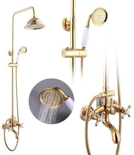 KANBCNG Vintage Messing Duschsystem Retro Gold Duschset Messing Duscharmatur Duschsystem Regendusche mit Handbrause Brausegarnitur Modern Duscharmatur Set Duschgarnitur 1.5M Schlauch