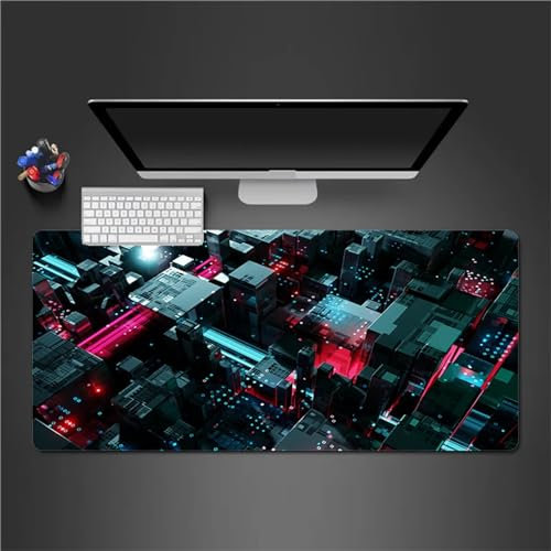 Stadt Neon Mauspad,Große Gaming Mauspad,900x400x3mm XXL Gaming Tastatur Matte,rutschfeste Gummibasis,Genähte Kanten,Spezielle Oberfläche verbessert Geschwindigkeit und Präzision für Home Office