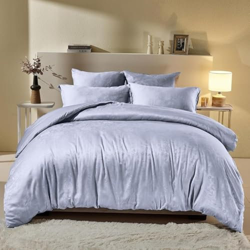 DXHOME Blumen Bettwäsche 200x200 cm Hellblau Satin Seide Romantisch Muster Bettwäsche Wendebettwäsche Set 3teilig Bettbezug Sets mit Reißverschluss und 2 Kissenbezüge 80 x 80cm