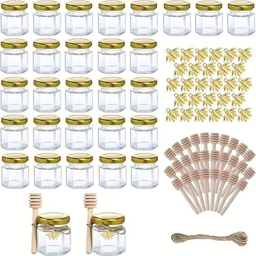 VFANDV Mini Pots à Miel en Verre, 25 Pots à Miel en Verre Hexagonaux avec Couvercle, 45ml Pot Miel avec Cuillère en Bois, Pendentif Abeille, Carte de Remerciement