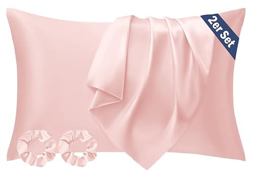 Seiwohl Satin Kissenbezug 40 x 80 2er Set, Weich wie Seidenkissenbezug Silk Pillowcase, Vegane Seide Kopfkissenbezug Kissenhülle Seidenkopfkissen für Haar und Haut mit 2 Haargummis, Korallen Rosa