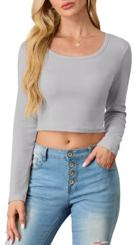 PrinStory Sweatshirts For Women Cotton Crop Tops Slim Fit Round Scoop Neck Y2K Tshirts Elegant Long Sleeve Tops Basic Blouse Tee Outfit Streetwear (Grey, M)