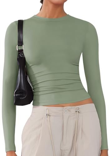ARCFEETORY Women's Soft Long Sleeve Shirts Crew Neck Tops Basic Tees Stretchy Going Out Crop Tops Y2K Slim Fit T-Shirts Army Green M