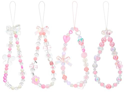 PEOVLVN 4 Pieces Cute Phone Charms, Pink Phone Charm Beaded Phone Wrist Strap Aesthetic Y2K Phone Keychain Butterfly Flower Phone Charms Strap Phone Chain for Phone Bag Camera Pendants Decor