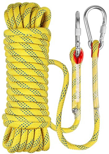 Cuerda de escalada con mosquetón, 10 m, con 2 ganchos, cuerda de seguridad alta para montañismo, columpio, pesca, camping (amarillo)