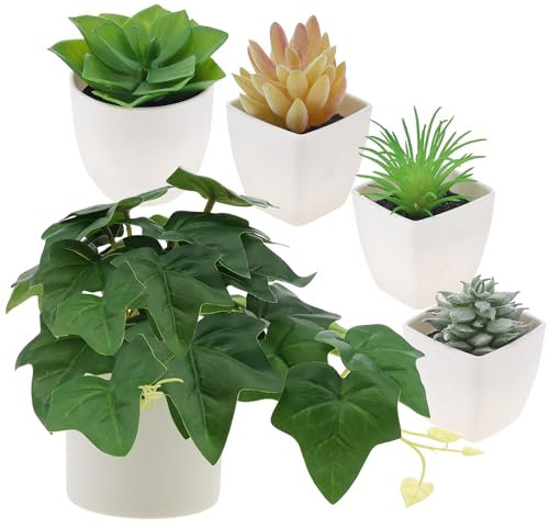 Gresorth Lot de 5 lierres artificiels en pot - Décoration de plantes grasses artificielles - Agave Echeveria - Pour jardin, ferme, bureau, table