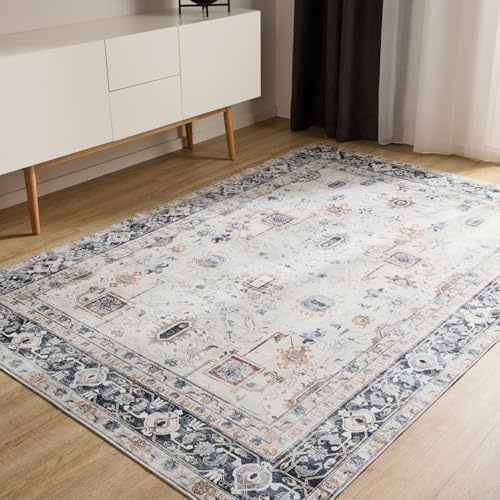benuta Basic Waschbarer Teppich George - Creme/Grau 140x200 cm - Kunstfaser - Rechteckig & im Style: Vintage, Elegant, Retro - Pflegeleicht für Wohnzimmer Schlafzimmer