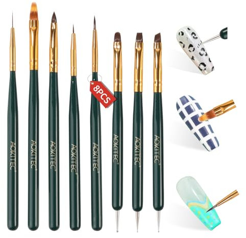 Aokitec 8 Stück Pinsel für Gelnägel, 11 Funktionen, Nail Art Pinsel Set, Nagel Pinsel für UV Nagellack Aufbaugel Poly Gel Dotting Painting Line Muster, Nägel Selber Machen, Grün