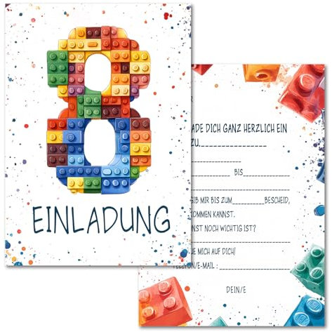 Vielucks 15 x Bausteine Einladungskarten - DIN A6 - Original - mit Aufkleber,Blocks Einladungskarten Kindergeburtstag Mädchen Junge,Geburtstagseinladungen,Party deko,Einladung Einschulung (8 Jahre)