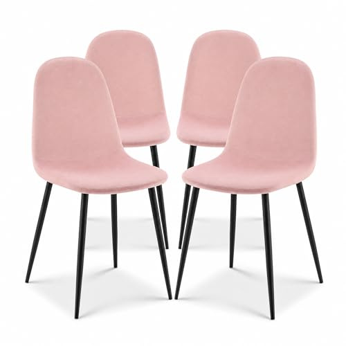 Bravich Ron Velvet Dining Chairs - Pink (Set of 4) for Dining Room and Kitchen. Low Back Modern Fabric Chairs with Metal Legs