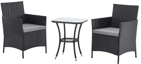 SVITA Brooklyn Bistro Gartenmöbelset 3-teilig Rattan Outdoor Gartenlounge Terrasse Balkon Garten Sitzgruppe mit 2 Sesseln und Tisch Schwarz