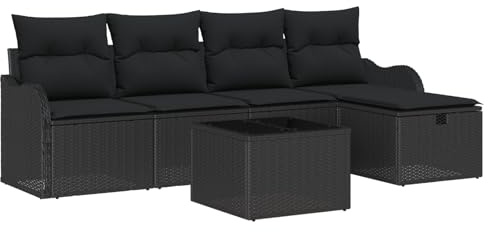 vidaXL Garten-Sofa-Set mit Kissen 6 pcs Schwarz Poly Rattan, Zeitgemäße Garten- und Terrassensofa-Gruppe, modulare Möbel, verstellbare Füße, langlebige Rattan-Couch, Loungesitz