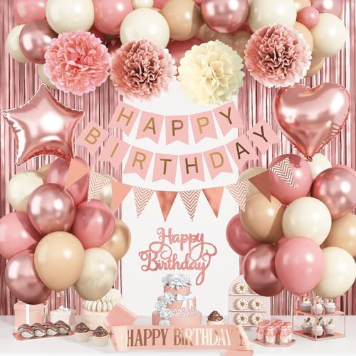 Blush Pink Birthday Decorations, Rose Gold Party Décor with Foil & Latex Balloons Sash Fringe Curtains Happy Birthday Banner Cake Topper Paper Pompoms Party Decor for Women Girl