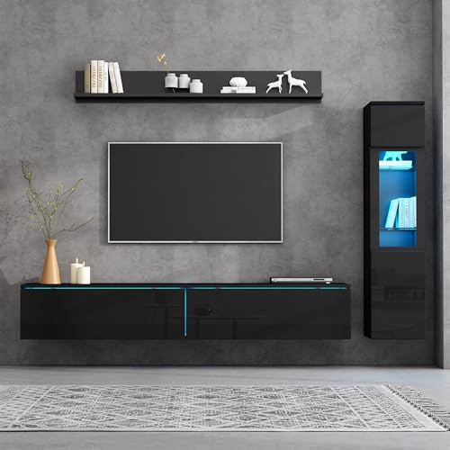 Kebnor TV Wohnwand Set 3-teilig LED Beleuchtung Hochglanz Schwarz Wohnzimmer Möbel Set Frontale Wohnwand Schwarz 1 x TV Schrank, 1 x Wohnzimmer Vitrine, 1 x Hängeregal, TV bis 80' (Schwarz)