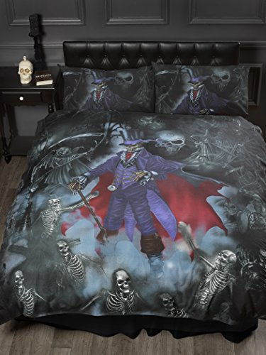 King Size Bed Magistus, Alchemy Gothic Duvet / Quilt Cover Bedding Set, Gothik Series Skeletons, Skulls, Graveyard, Grim Reaper, Purple, Black, Red