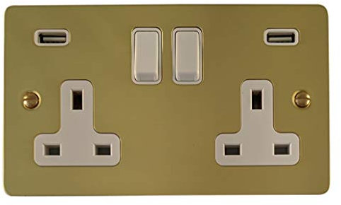 Flat Polished Brass Double Socket with USB (White Switches) - FB910W