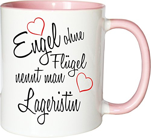 Mister Merchandise Becher Tasse Engel ohne Flügel nennt Man Lageristin Kaffee Kaffeetasse liebevoll Bedruckt Beruf Job Geschenk Weiß-Rosa