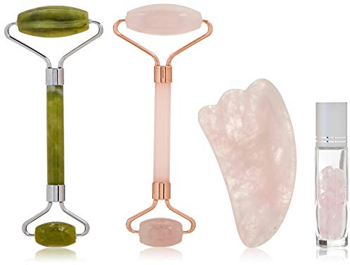 Jade Roller and Gua Sha Gift Set,4-in-1 Natural Rose Quartz and Real Jade Stone Face Massager kit,Anti-Aging Beauty Tools for Slimming,Toning and Firming Skin,Reduce Puffiness and Wrinkles