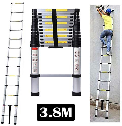 3.8M Alu Teleskopleiter, Ausziehbare Leiter, Klappleiter Stehleiter Rutschfester, Ausziehleiter Mehrzweckleiter, Haushaltsleiter 150 kg Belastbarkeit Mit EN131 Zertifiziert