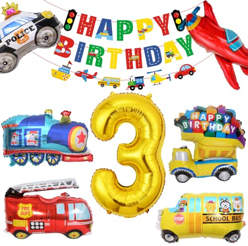 Bluelves Geburtstagsdeko 3 Jahre Folienballon,Auto Geburtstag Deko 3. Jungen,Feuerwehrfahrzeuge Truck Happy Birthday Girlande Banner,Polizeiauto Motorrad Luftballons für Kinder Party