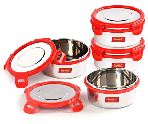 Sumeet Steelexo S.S. Behälter/Lunchbox mit Edelstahldeckel, luftdicht und auslaufsicher, 4 Stück (je 300 ml)