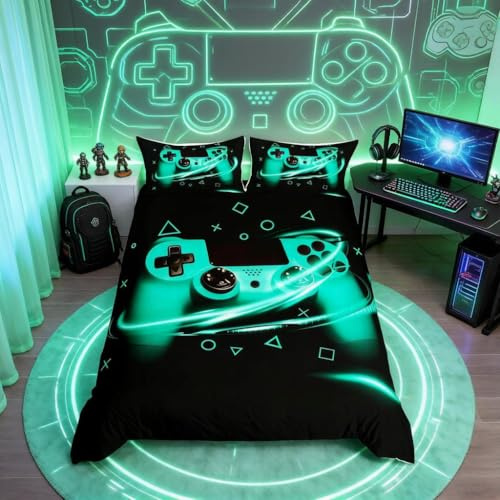 Loussiesd Blaugrünes Gamer-Bettwäsche-Set für zwei Videospiele, Bettbezug-Set für Teenager, Jungen, Kinder, geometrisches Dreieck, Bettdeckenbezug, 3-teiliges Set für Konsole, Steppdecke, Türkis