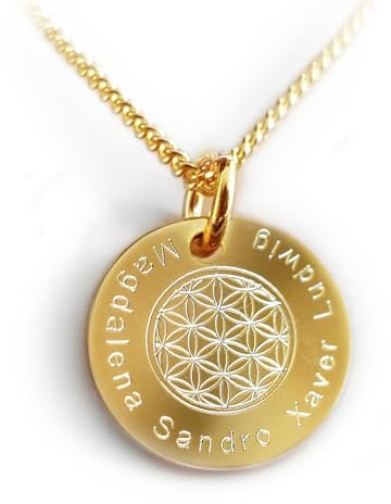 Blume des Lebens, Vergoldete Kette mit Gravur, Runder Anhänger mit Namen, Zitaten oder Individuellen Text, Damenschmuck
