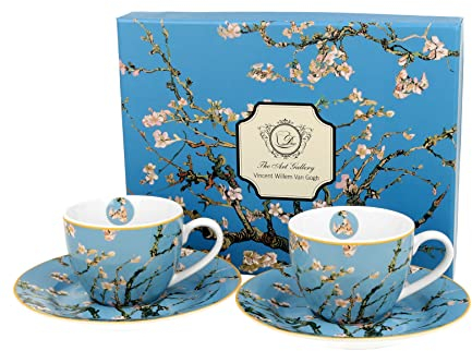 Duo Kollektion Art Gallery by V. van Gogh EIN Satz von 2 Espresso Tassen mit Untertassen ALMOND BLOSSOM aus New Bone China Porzellan in Geschenkbox, Kaffeetasse, Füllmenge maximale 110 ml