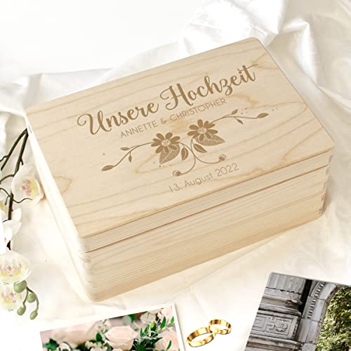 LittleStars Erinnerungskiste Blumenranken personalisiert zur Hochzeit I aus Kiefern-Holz I 30x20x14 cm