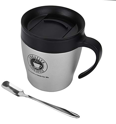 Tasse à Café Isotherme, 330ml Tasse à Café Double Paroi en Acier Inoxydable, Tasse à Café Reutilisable Vintage avec Cuillère etCouvercle etPoignée pour Voyage de Bureau Domicile, argent