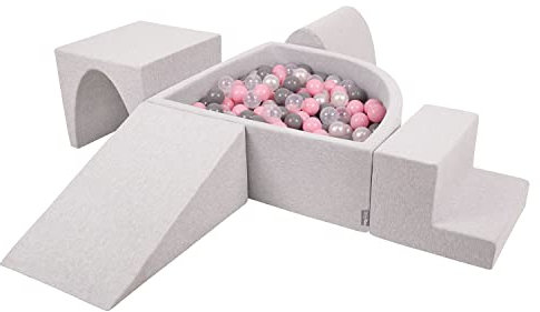 KiddyMoon Parque Infantil De Espuma con Triángulo Piscina De Bolas (200 Bolas) para Niños, Gris Claro: Perla/Gris/Transparente/Rosa Clr
