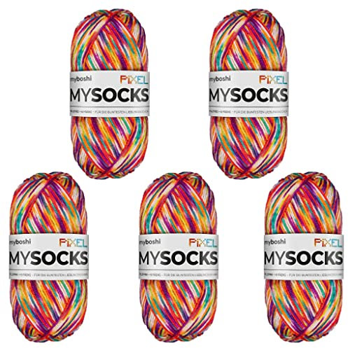 myboshi mysocks Pixel, 6-fädige Sockenwolle, strapazierfähig, Garn aus Schurwolle, filzfrei, 150g, Ll 390m Orange (Spark), 5 Knäuel