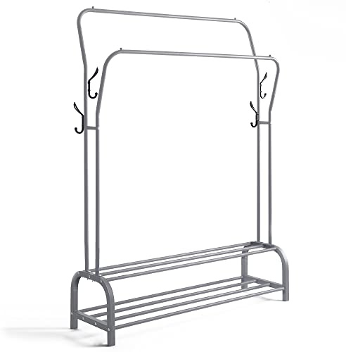 OurHouse 110cm Mega Dual Grey Metal Clothes Rail Midi | Freestanding Clothes Rack Clothing Rail Up To 15Kg with Shoe Rack for Storage | Small Clothes Rail | Bedroom Closet Student Portable Storage