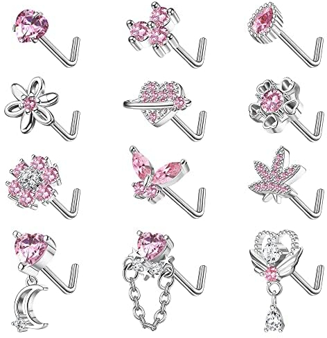 Kakonia 12Stück 20G Nasenpiercing Stecker für Damen Edelstahl Nasenstecker Silber L S Form Korkenzieher Piercing Nase Nose Stud Nostril Piercing für Damen