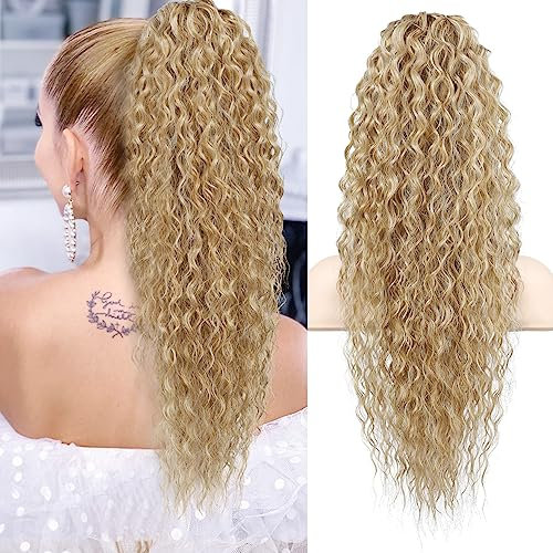 FLUFYMOOZ Ponytail Extension Pferdeschwanz Verlängerung, 66 cm Pferdeschwanz Haarverlängerung im Bohemian-Stil mit Kordelzug Extensions für Frauen lockiger Pferdeschwanz(Goldblond mit Highlights)