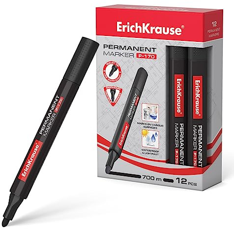 Erich Krause Permanent Marker P-170 wasserfest 2,0mm schwarz 12 Stück - Marker Stifte zum Schreiben und Markieren - Beschriftungsstift für Karton Glas Kunststoff Porzellan Keramik Holz