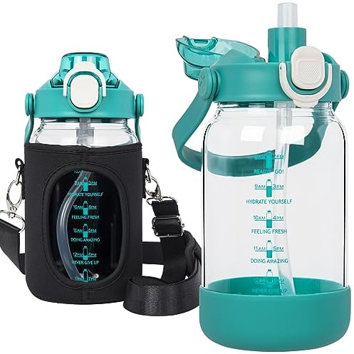 Seekua 1l Glass Water Bottle with Straw & motivational Time Markings 1 litre large Drinking Bottle with Fruit Infuser for Juice, Smoothie, Milkshake