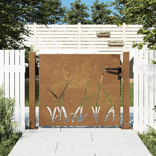 Festnight Puerta de Jardín Metalica Cancela de Valla Barrera de Jardín Puerta de Valla de Jardín Entrada Exterior de Acero Inoxidable, Oxidado Diseño Hierba 105x105 cm