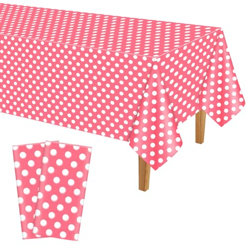 PLULON 2 Stück rosa weiße Gepunktete Tischdecke aus Kunststoff, 137 x 274 cm, rechteckige rosa Tischdecke für Hochzeit, Geburtstag, Babyparty, Party, Picknick, Zuhause, Esstischdekoration