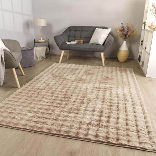 TT Home Wohnzimmer Teppich Esszimmer Langflor Skandi Optik Geometrisch 3D Unifarben, Farbe:Beige, Größe:160x220 cm